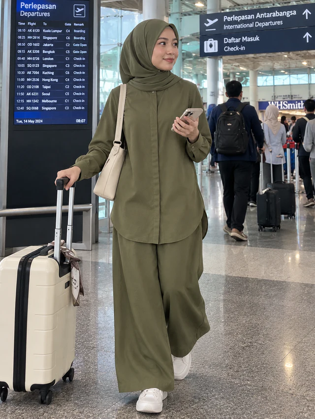 Model memakai Set Elora warna Olive Green dengan beg krim, koper dan sneakers putih di terminal lapangan terbang.