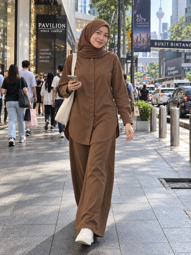 Model memakai Set Elora warna Brown dengan beg krim dan sneakers putih di laluan pejalan kaki bandar.