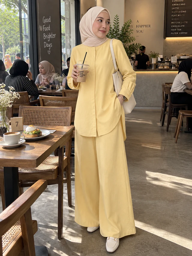 Model memakai Set Elora warna Soft Yellow dengan beg krim sambil memegang minuman di kafe.