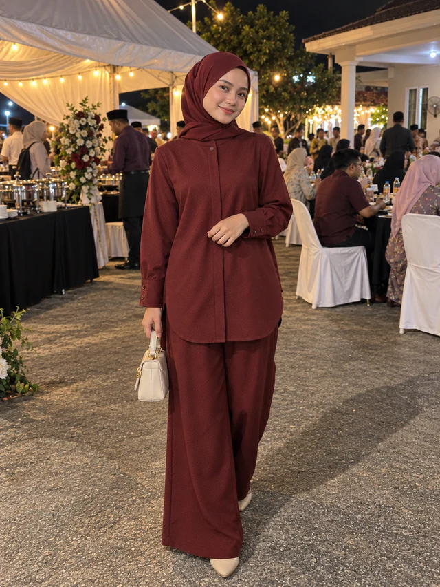 Model memakai Set Elora warna Wine Red dengan beg krim dan kasut tumit di majlis malam yang dihiasi lampu.