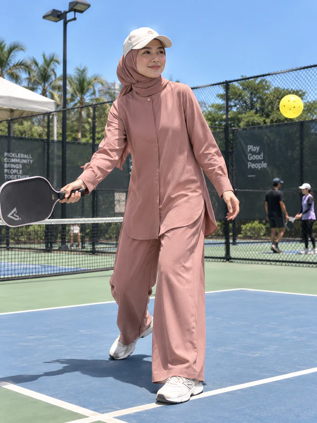 Model memakai Set Elora warna Dusty Pink dengan cap putih dan kasut sukan di gelanggang pickleball.
