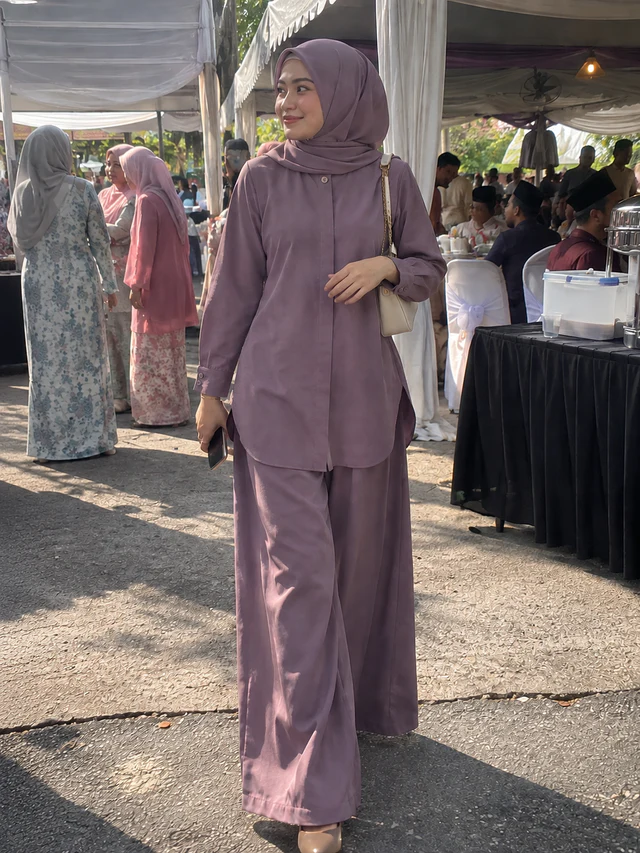 Model memakai Set Elora warna Dusty Purple dengan beg krim di majlis kenduri pada waktu siang.