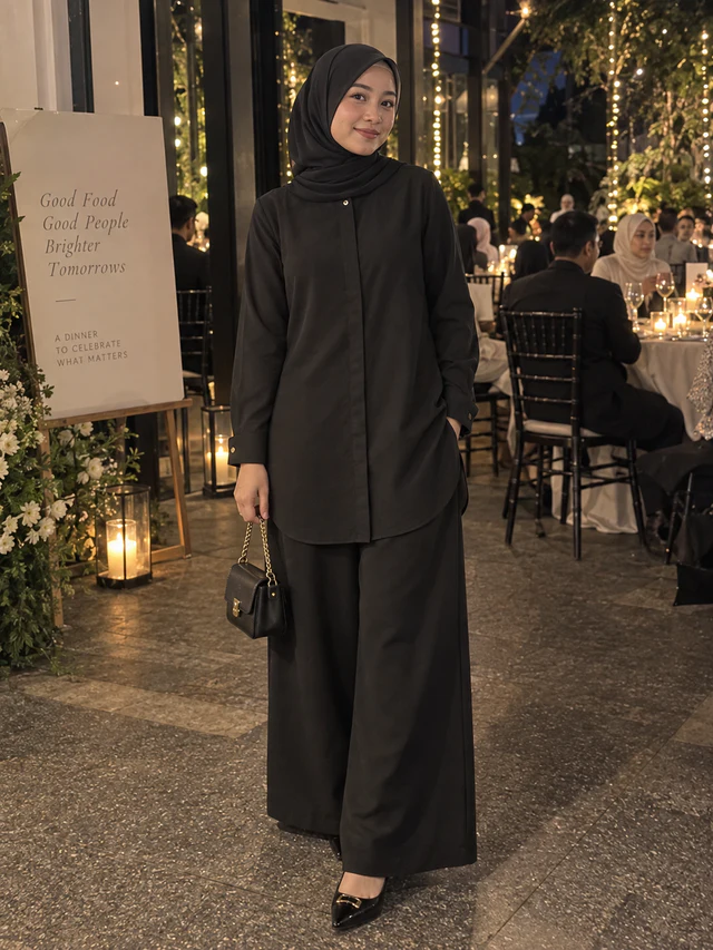 Model memakai Set Elora warna Black dengan beg tangan hitam berantai dan kasut tumit di majlis makan malam.