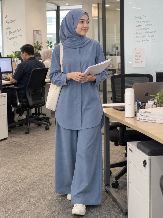 Model memakai Set Elora warna Denim Blue dengan beg tote krim sambil memegang dokumen di ruang pejabat.