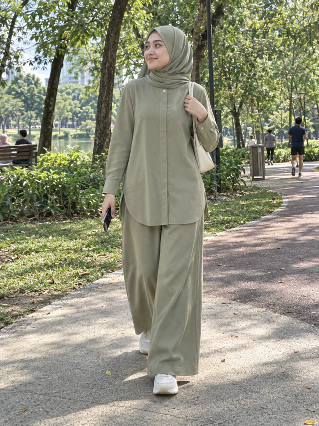 Model memakai Set Elora warna Sage Green dengan sneakers putih dan beg krim di laluan taman tepi tasik.