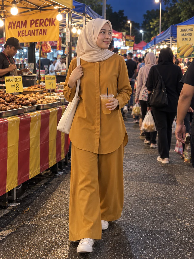 Model memakai Set Elora warna Mustard dengan beg krim sambil memegang minuman di pasar malam.